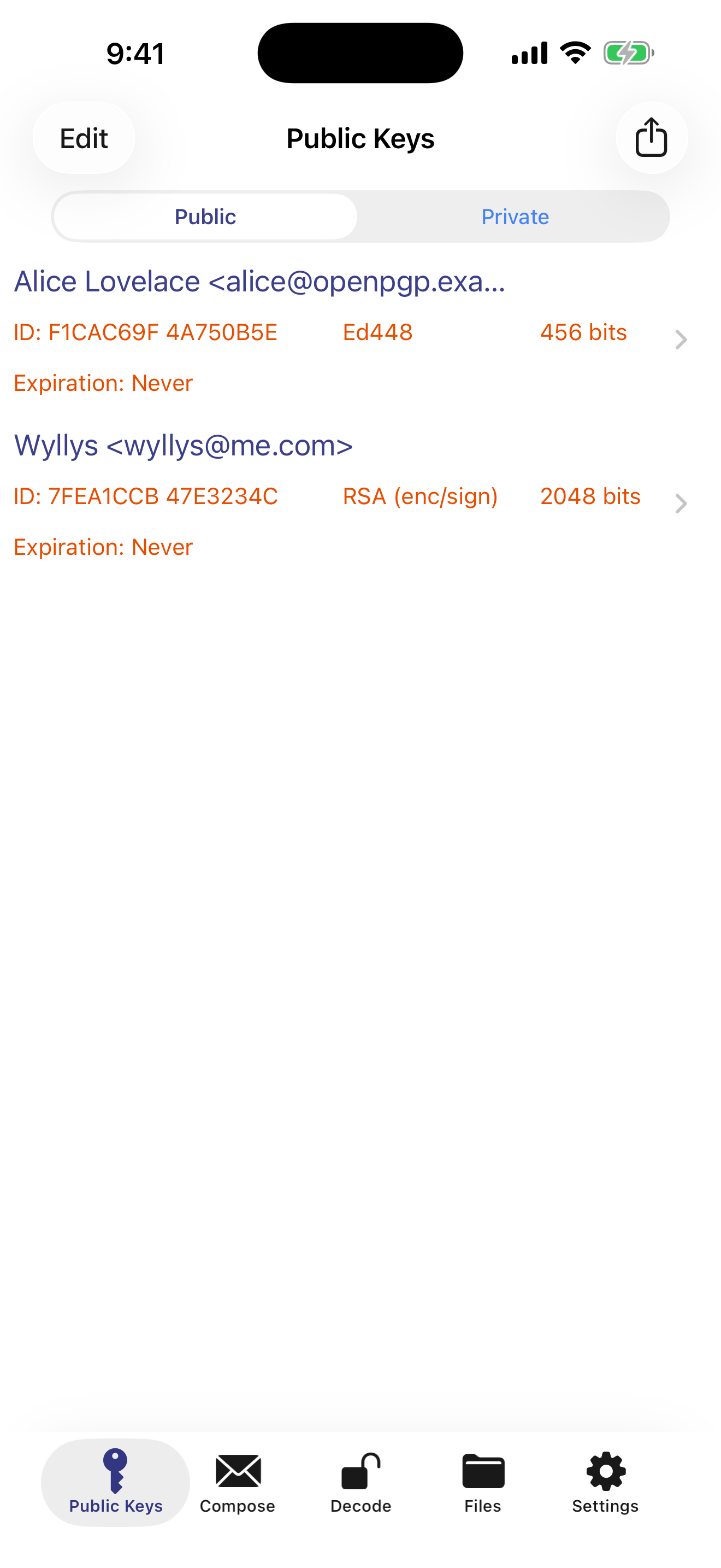 Public and private key list