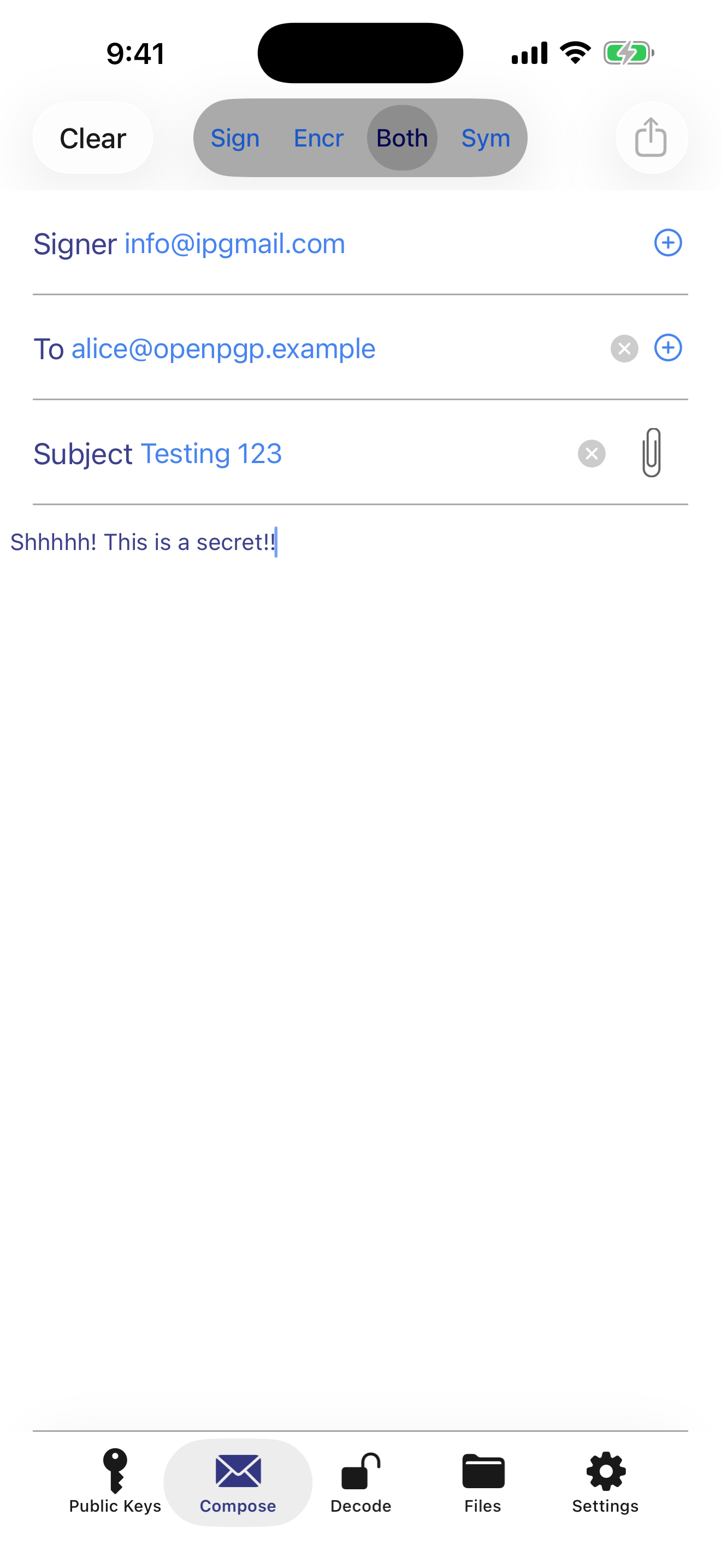 Composing an encrypted message in iPGMail